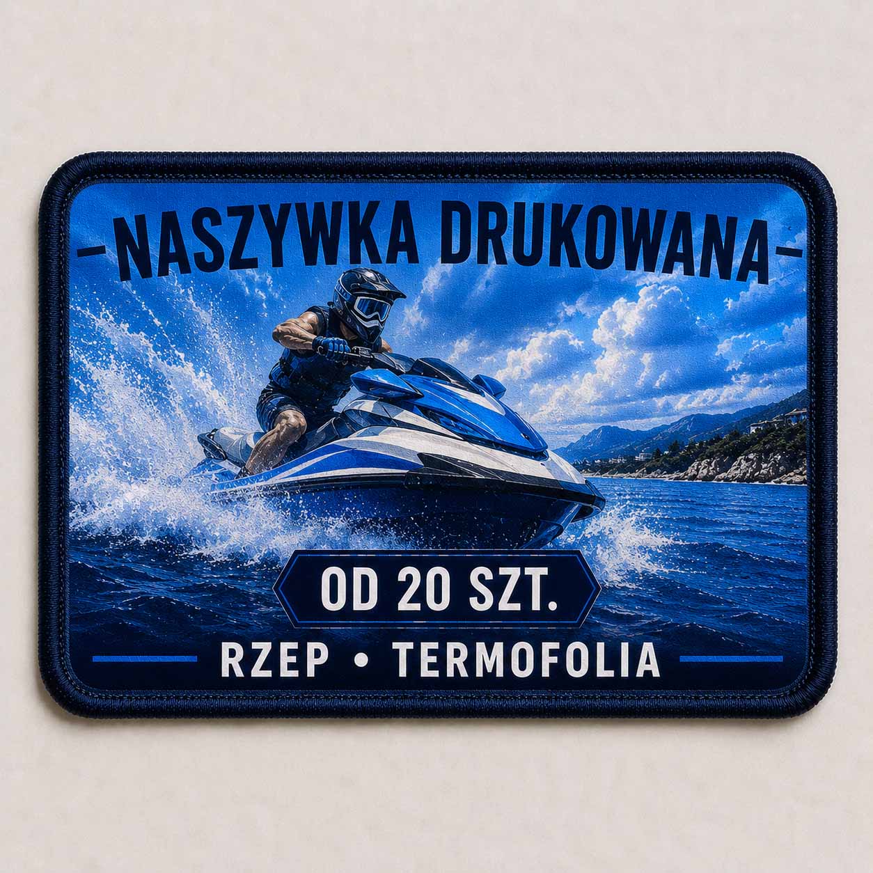 Prostokątna naszywka drukowana DTF z haftowaną ramką i logo firmy